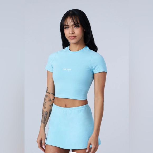 YoungLA Dresses & Skirts - YoungLA Light Baby Blue Cropped Baby Tee and Matching Skort Set- LIKE NEW